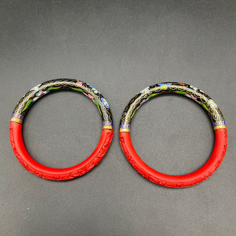 Vintage Cloisonne & Cinnabar Style Carved Red Bangle Bracelet Jewelry Lot 2pc