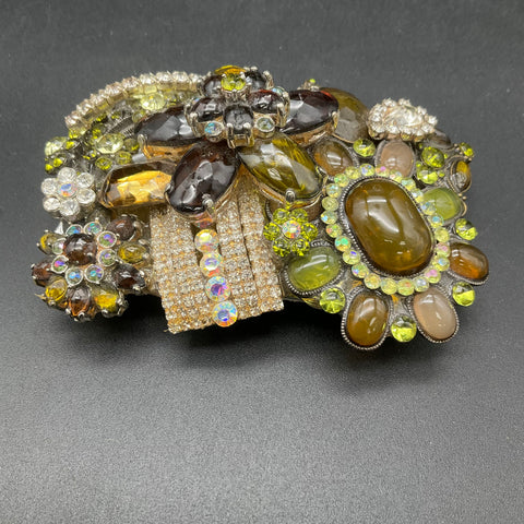 Upcycled Jewelry Belt Buckle Women's Green Amber Brown Rhinestone Floral Boho
