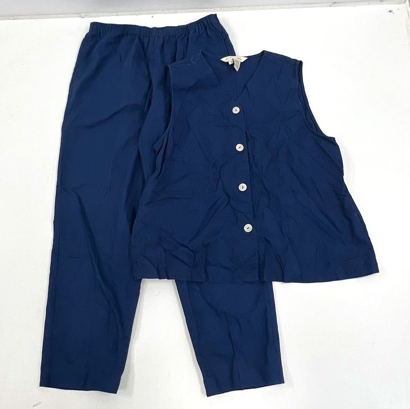 Women's Melrose Studio Blue Linen Blend Sleeveless Shirt & Pants Set - Size S/M