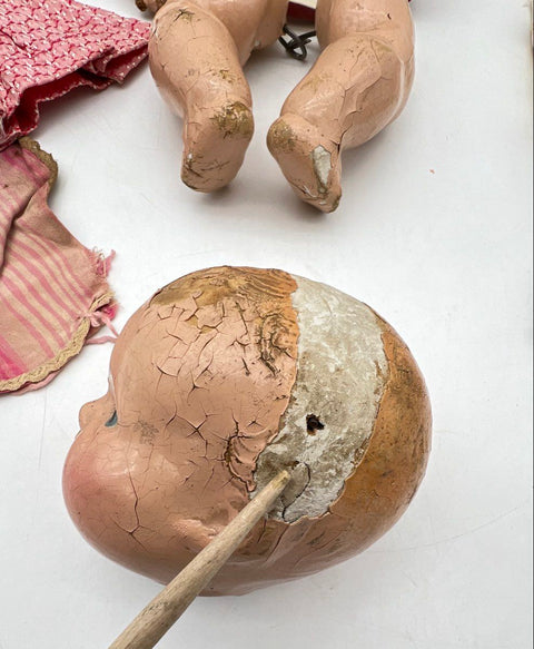 Antique Composition Baby Doll Lot For Repair Restoration With Vintage Clothes