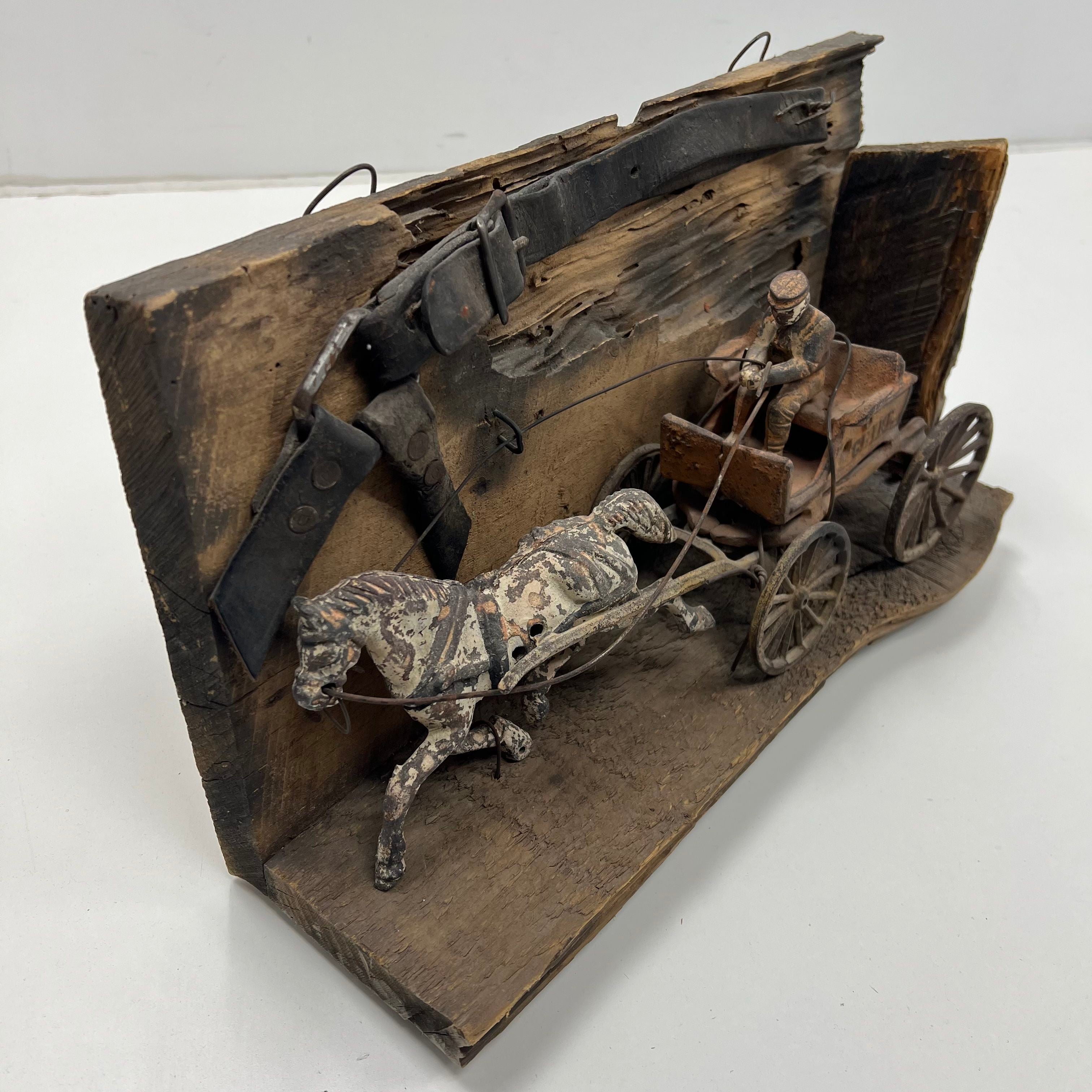 Vintage Cast Iron Police Chief Wagon Horse Primitive Folk Art Wood Display