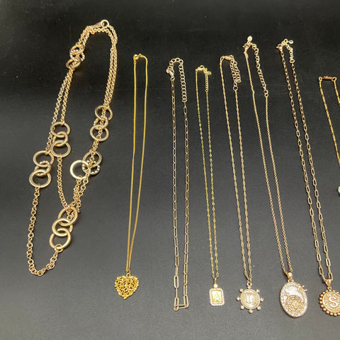 Gold Tone Fashion Necklace Lot 13pc Pendants Initial Heart Cross Bar Chains