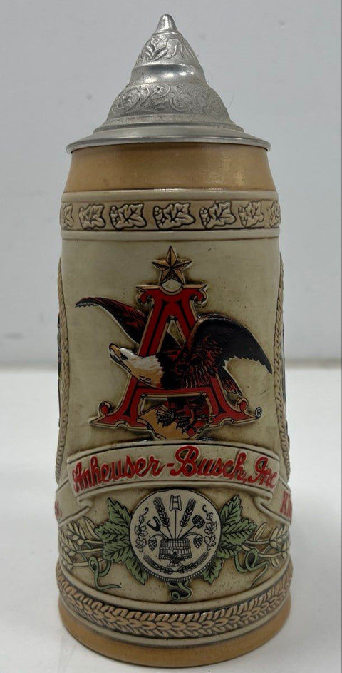 Budweiser Anheuser-Busch Lidded Beer Stein King of Beers Ceramic Relief 10 Inch