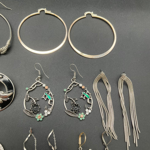 Silver Tone Fashion Earrings Jewelry Lot 17 Pairs Hoops Chandelier Rhinestone