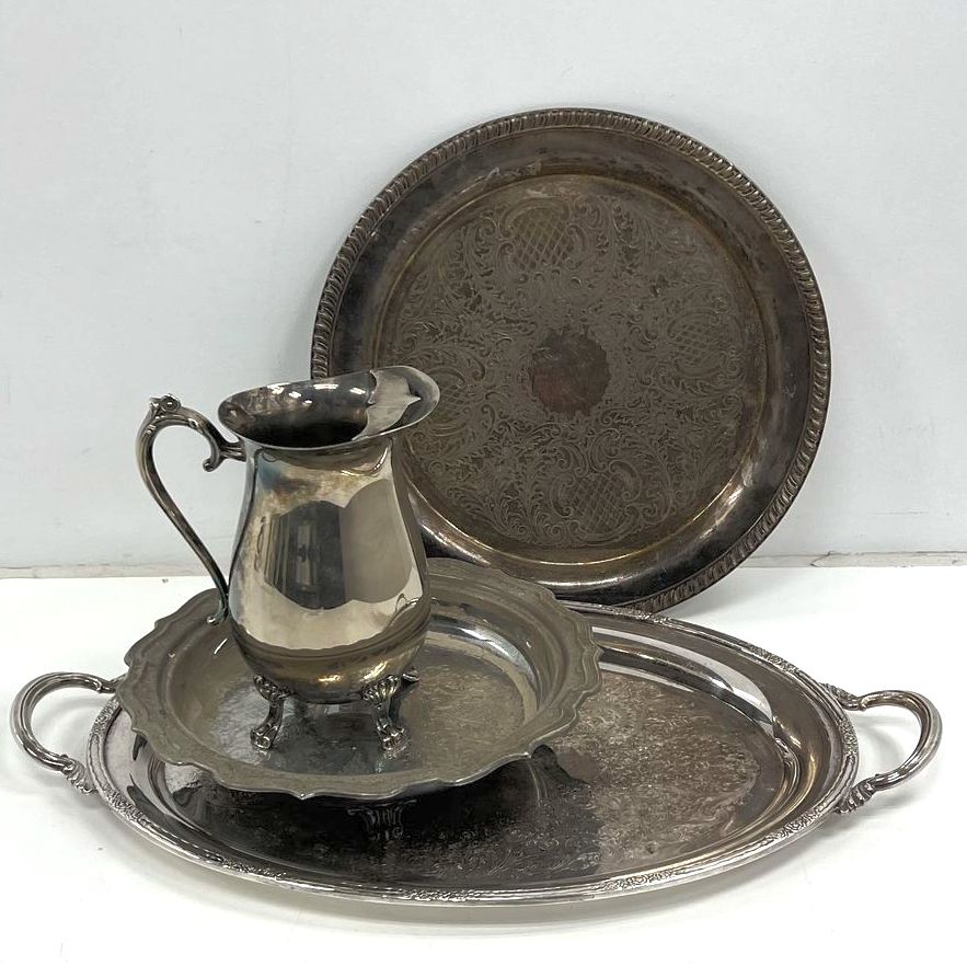 Vintage Silver Plate Serving Lot Ornate Engraved Trays & Footed Pitcher 4 Pcs