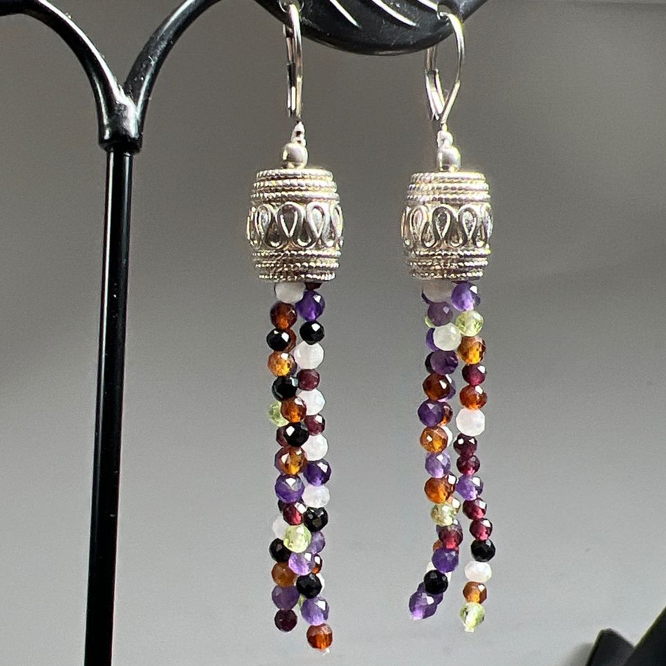 African Amethyst Multi Gemstone Beaded Dangle Earrings