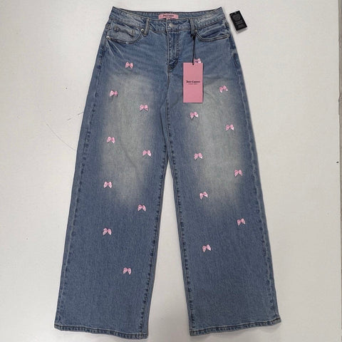 Juicy Couture Womens Blue Wide Leg Jeans Pink Bow Applique Pearl Detail NWT Sz 3
