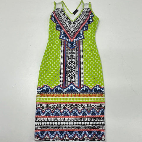Hale Bob Women's Lime Green Multicolor Geometric Tribal Print V-Neck Dress