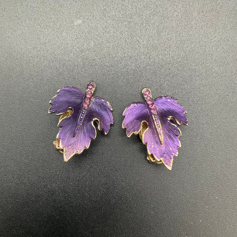 Vintage Purple Enamel Rhinestone Leaf Demi Parure Brooch Clip-on Earrings Set