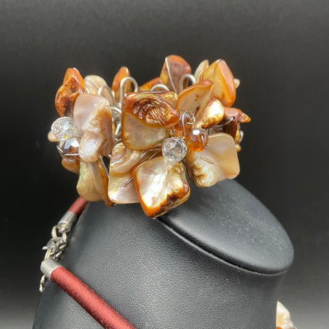 Mother of Pearl Shell Flower Necklace and Bracelet Set Bronze Silk Cord