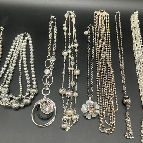Vintage to Modern Costume Jewelry Necklace Lot of 9 Silver Tone Tassel Floral