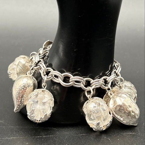 Vintage Chunky Silver Tone Charm Bracelet Lucite Ice Cube Leaf Nut Baubles