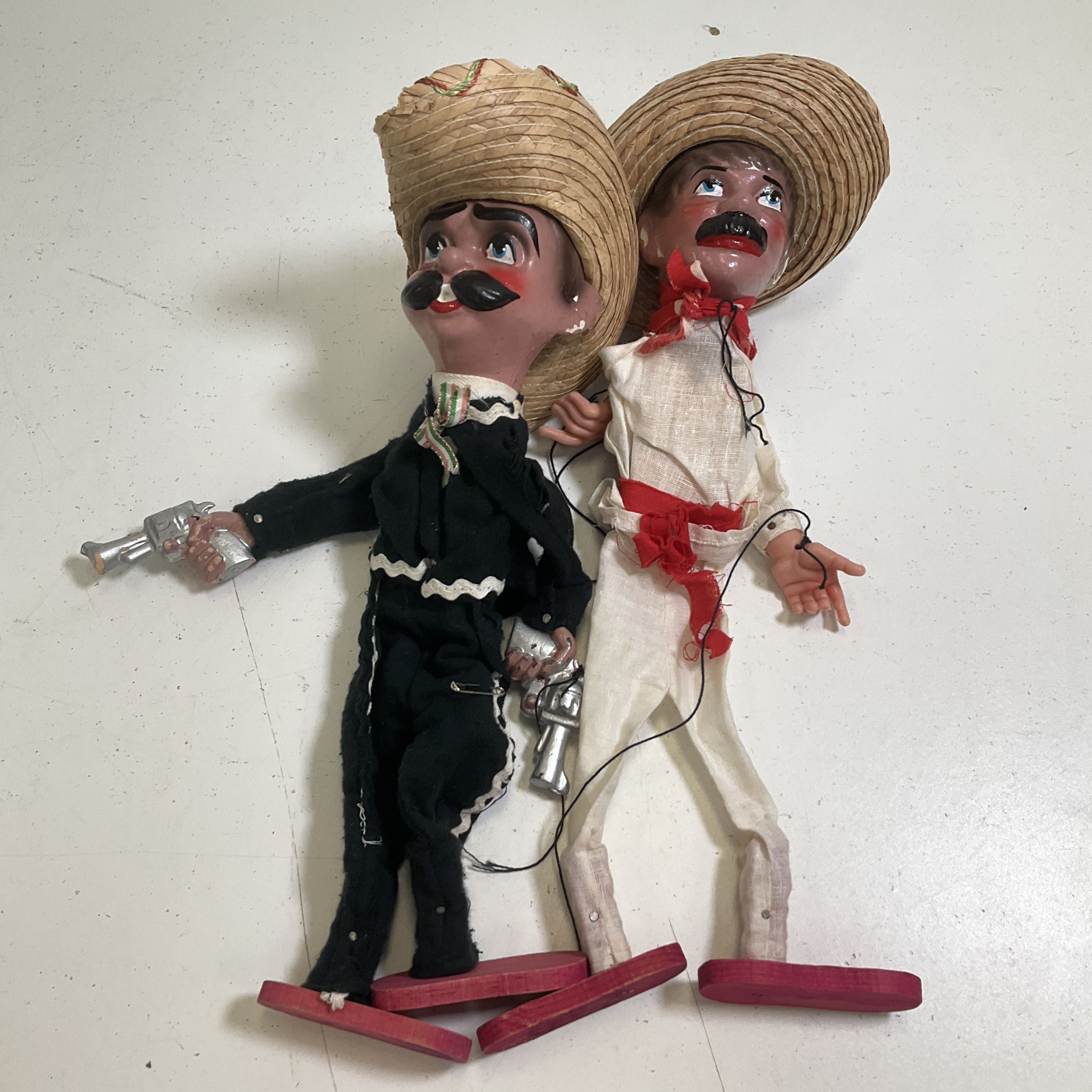 Vintage Mexican Folk Art Marionette Puppets Mariachi Gunslinger Lot of 2 13"