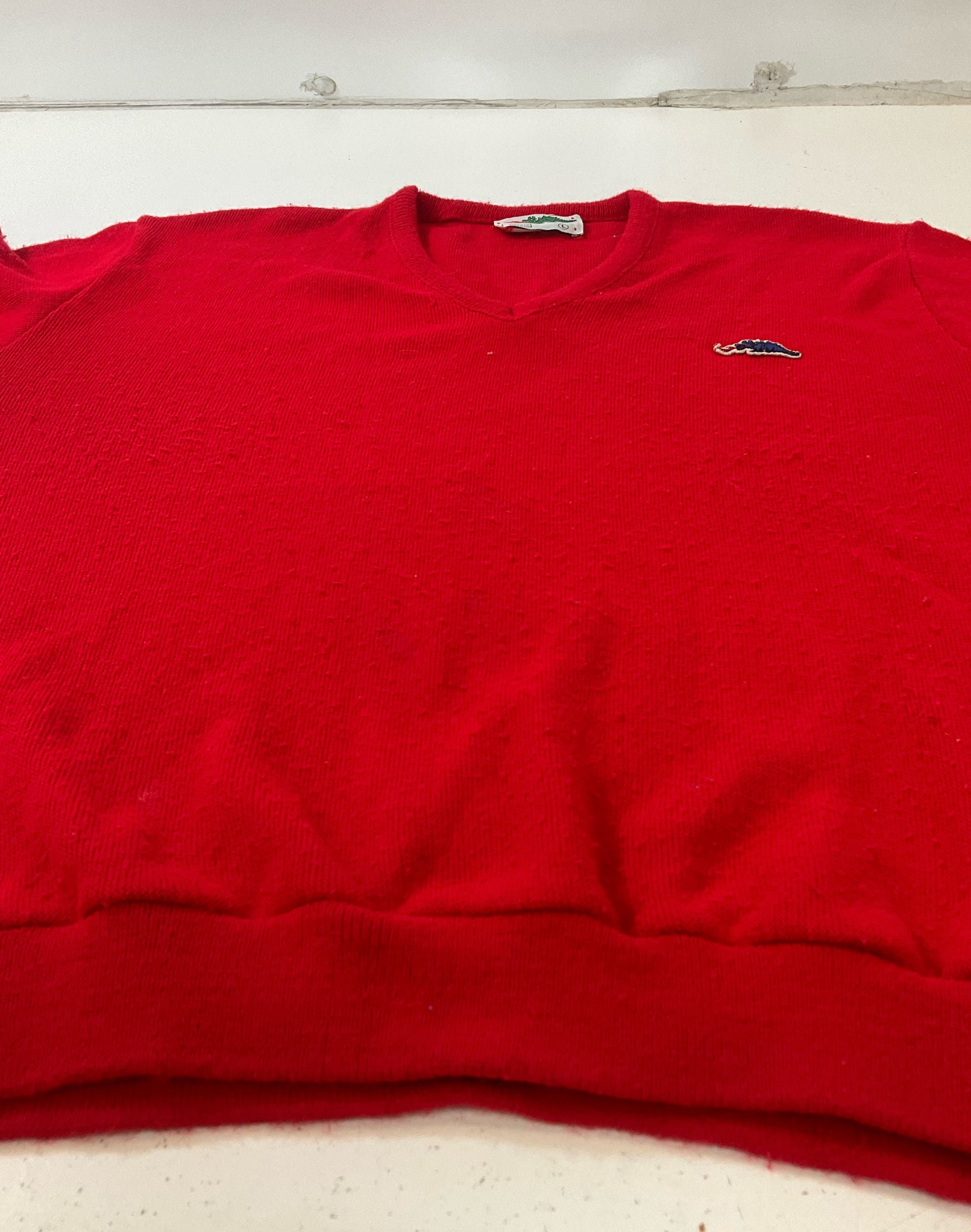 Sears Men's Vintage Red V-Neck Acrylic Sweater Dragon Label & Patch Size Large