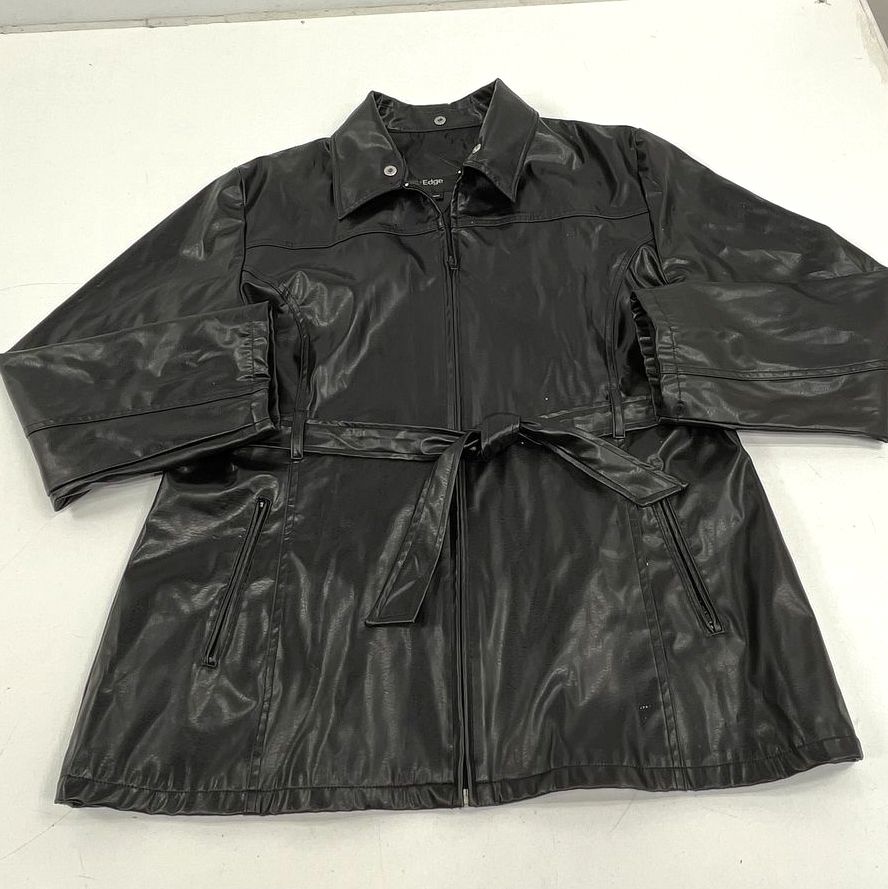 Outer Edge Black Faux Leather Belted Moto Jacket Coat Women's XL