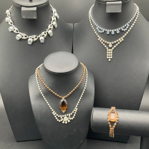 Vintage Rhinestone Costume Jewelry Lot of 6 Necklaces Bracelet Silver Gold Tone