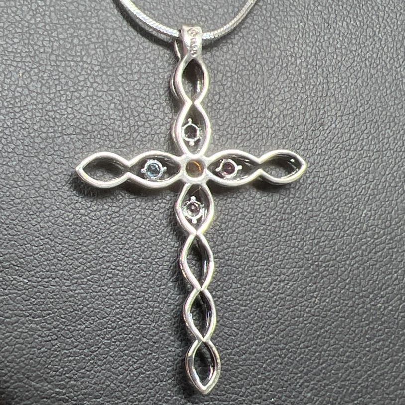 925 Sterling Silver Multiple Rhinestone Cross Necklace