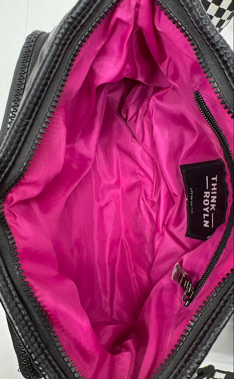 Think Royln Black Quilted Puffer Crossbody Bag Checkered Strap Gunmetal