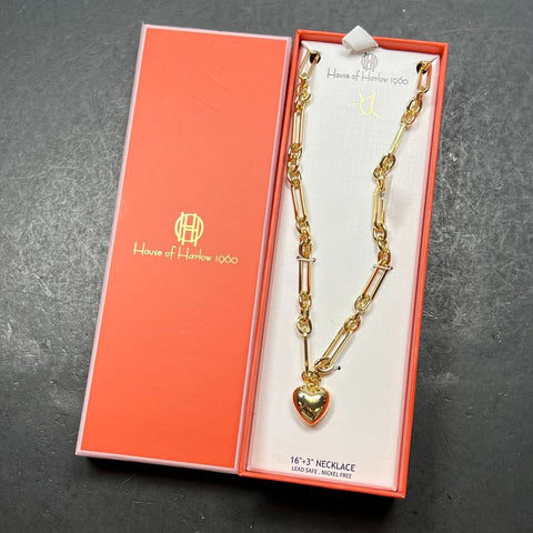 House of Harlow 1960 Gold Tone Paperclip Chain Heart Pendant Necklace 16"+3"