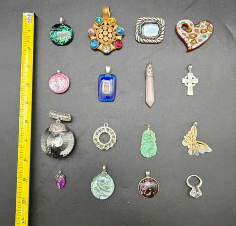 Vintage to Modern Costume Jewelry Pendant Lot 16 Pieces Glass Stone Heart Cross