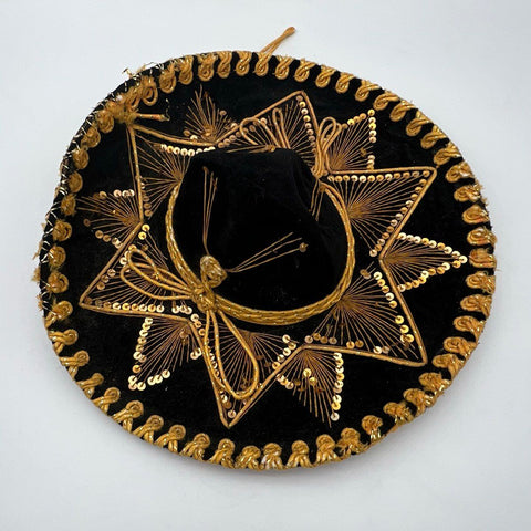 Vintage 90s Pigalle Mexican Sombrero Charro Hat Black Velvet Gold Sequins 18in