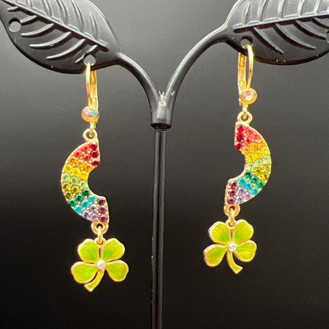 Vintage Kirks Folly Gold Tone Rainbow Rhinestone Shamrock Dangle Earrings