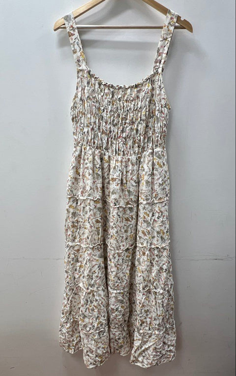 Sansia Women's Cream Floral Smocked Bodice Tiered Sleeveless Midi Dress M