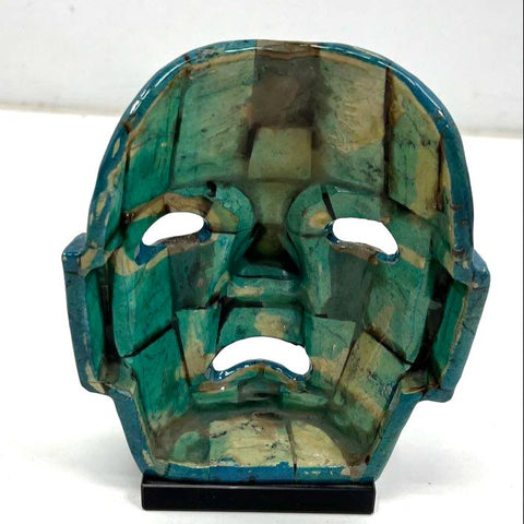 Vintage Aztec Mayan Style Mosaic Mask Blue Stone & Abalone Sculpture 8.5" Folk