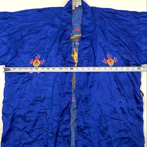 Vintage 90s Golden Dragon Hand Embroidered 100% Silk Robe Blue Sz M