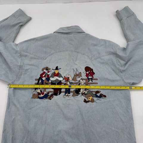 Vintage 1995 Looney Tunes Warner Bros Wild West Striped Western Shirt Sz L
