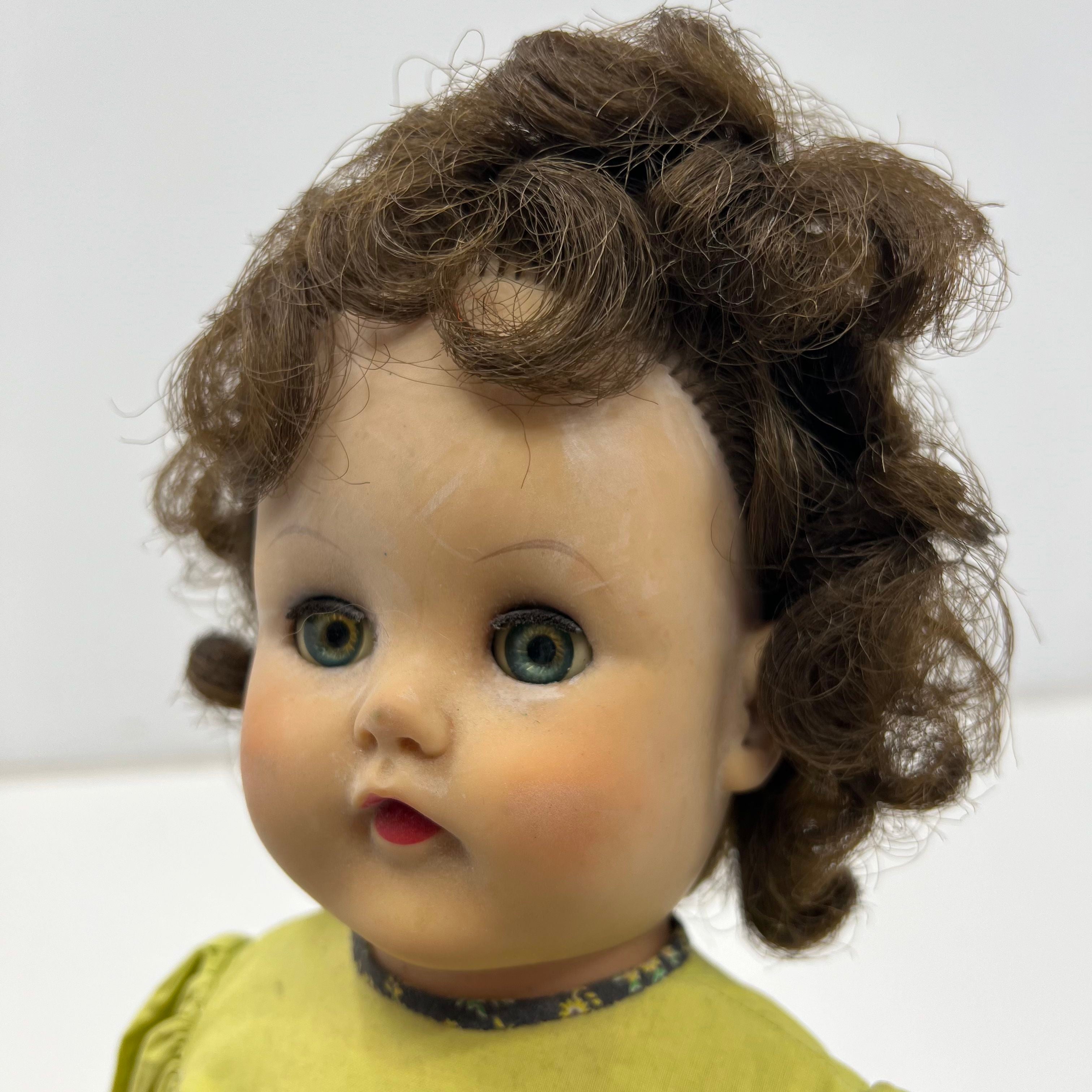 Vintage Composition Baby Doll 18" Green Floral Dress Brown Hair Sleep Eyes