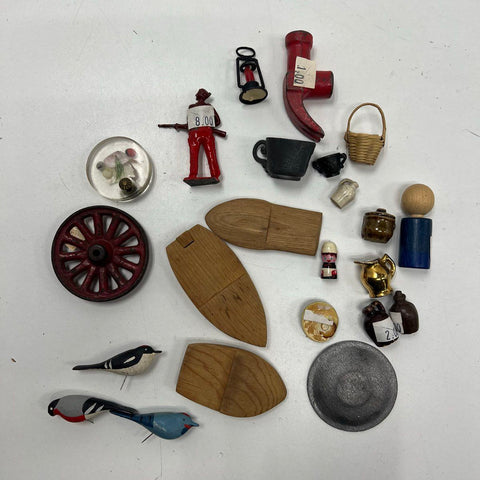 Vintage 23pc Miniature Lot Carved Birds Cast Iron Wheel Lead Soldier Dollhouse