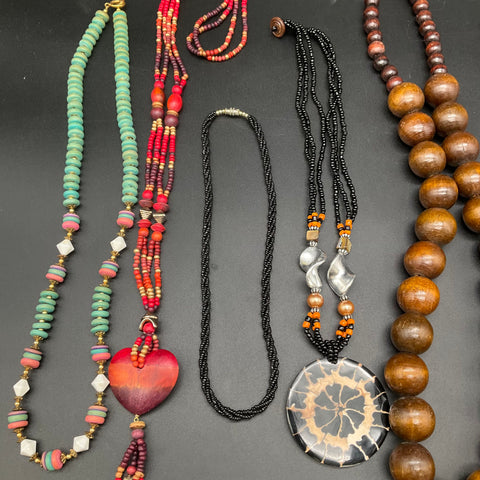 Boho Beaded Necklace Lot 7 Pieces Wood Stone Resin Pendants Multi-strand