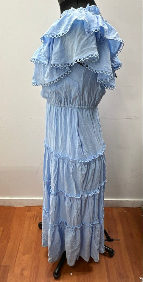 Crown & Ivy Women's Jazz Blue Ruffle Eyelet Tiered Maxi Dress NWT Size L