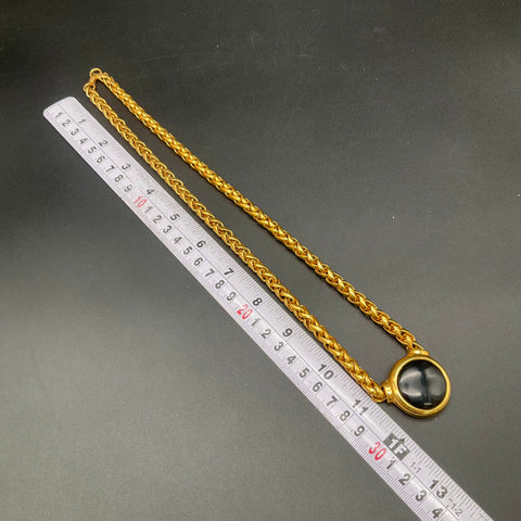 Vintage Napier Gold Tone Black Enamel Domed Pendant Woven Chain Necklace 26"