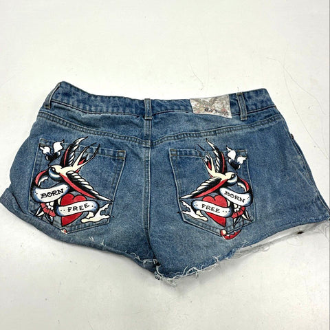 Vintage Y2K Ed Hardy Women's Blue Denim Cut Off Shorts Born Free Swallow Sz L