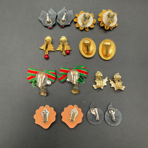 Vintage Holiday Jewelry Lot 8 Pairs Clip On Earrings Christmas Thanksgiving