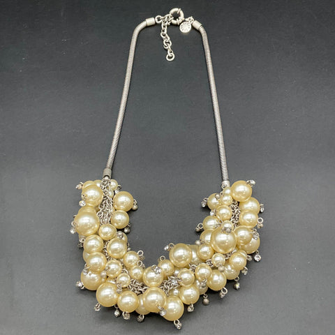 J. Crew Silver Tone Faux Pearl Cluster Statement Necklace Clear Crystal 23"