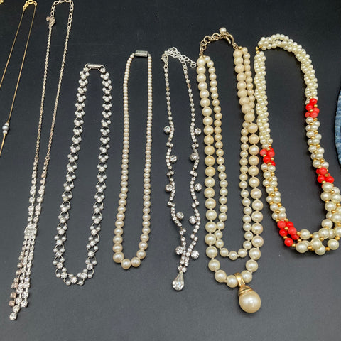Vintage Costume Jewelry Lot 9 Necklaces Faux Pearl Rhinestone Gold Silver Tone