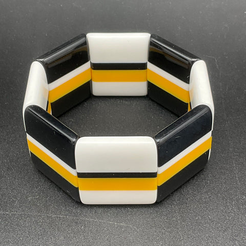 Vintage Modernist Chunky Resin Stretch Bracelet Black White Yellow Geometric