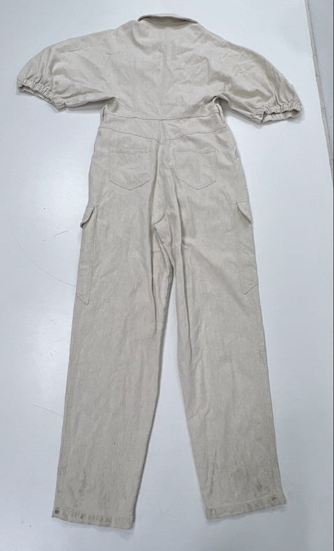 Divine Heritage Women's Beige Linen Blend Cargo Puff Sleeve Jumpsuit Sz L