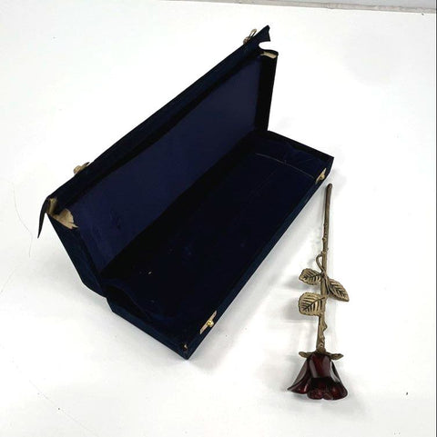 Metal Rose Figurine Red Enamel Flower Long Stem Brass Tone With Velvet Case 12"