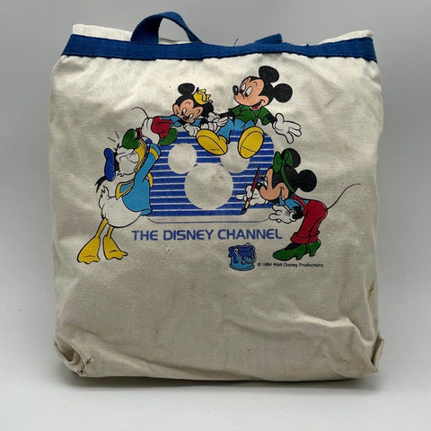 Disney 1984 Channel Mickey Minnie Donald Canvas Tote Bag Off-White