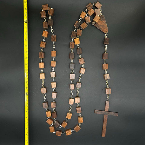 Large Vintage Wooden Church Wall Rosary Square Cube Beads Wood Cross Crucifix