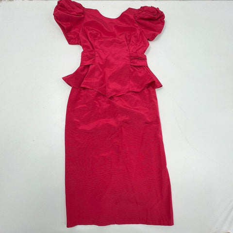 Vintage 80s Charisma Women's Red Puff Sleeve Peplum Sheath Midi Dress Sz 11/12