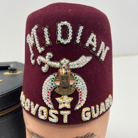 Vintage Shriners Masonic Fez Hat Red Midian Provost Guard Rhinestone w/ Case