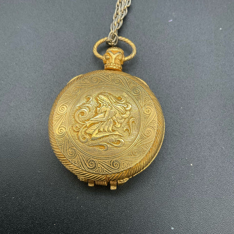 Vintage Max Factor Aquarius Zodiac Solid Perfume Pendant Necklace Gold Tone