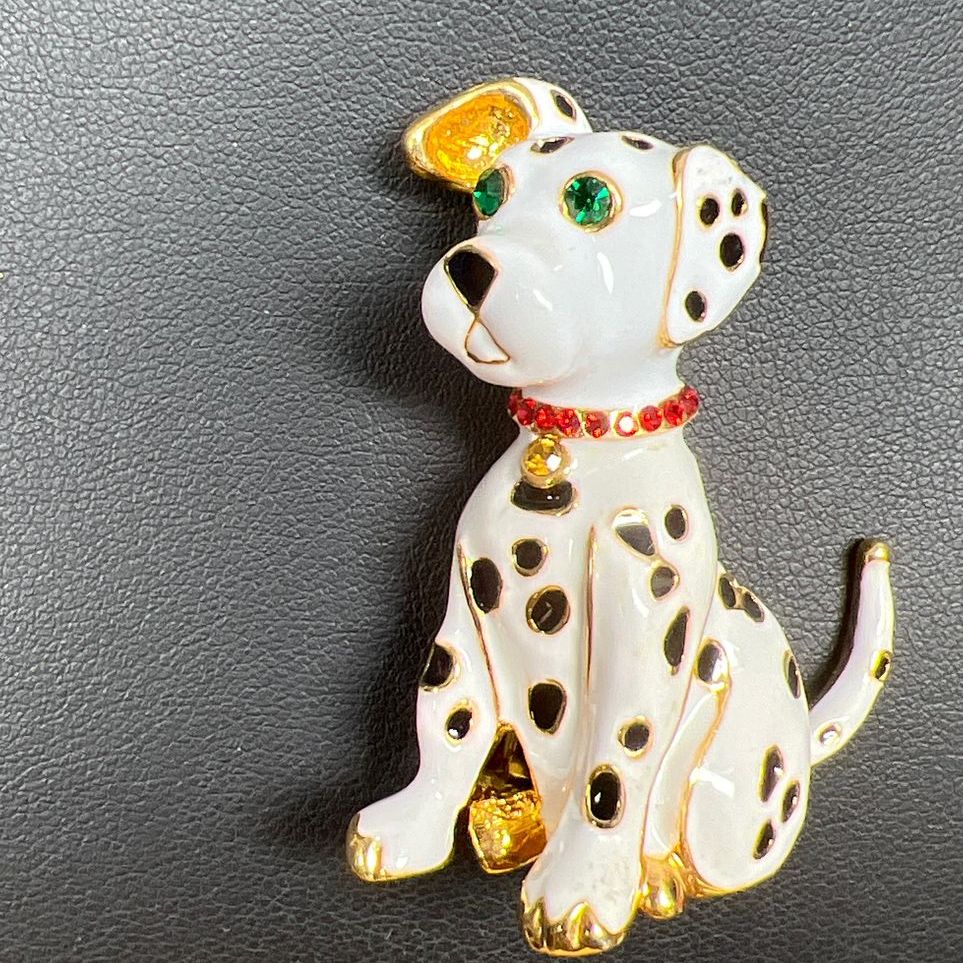 Dalmatian Ear Up Puppy Dog Enamel Gold Tone Brooch 26g