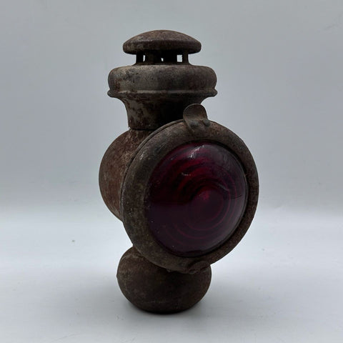 Vintage Antique Automotive Tail Lamp Red Glass Lens Rusty Metal Lantern Patina