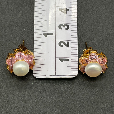 18K Gold Plated Pearl & Pink Faceted Stone Ring & Earrings Set Size 8
